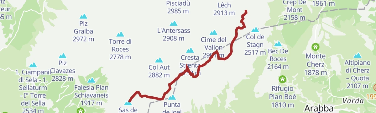 Route map: Crossing of the Sella Group from Sass Pordoi to Corvara